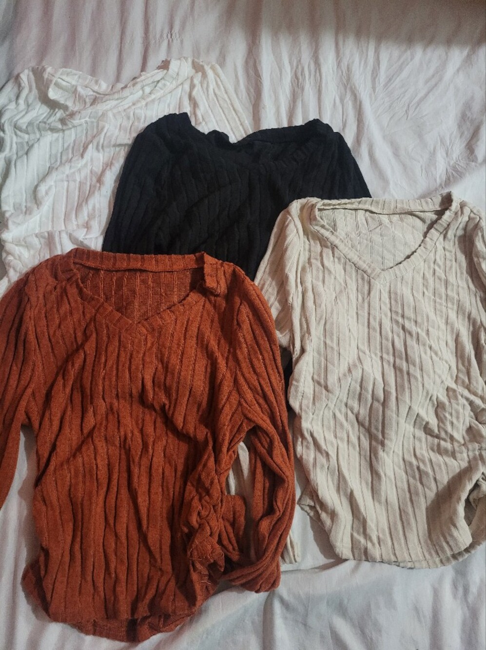 Women’s Ribbed V-Neck Long Sleeve Top - Rust, Black, Cream